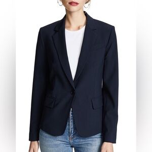 Theory timeless virgin wool tailored single button navy blue blazer size 6